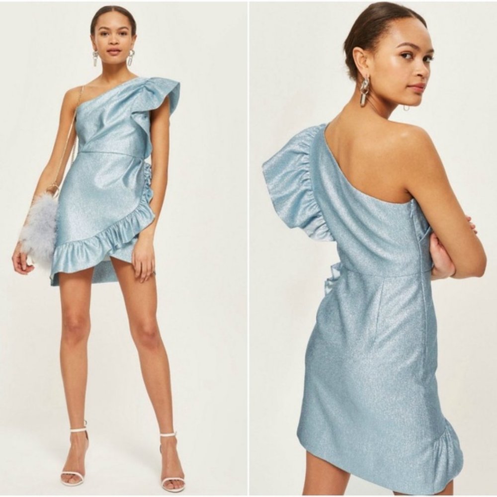 Topshop One Shoulder Ruffle Mini Dress, Size 10